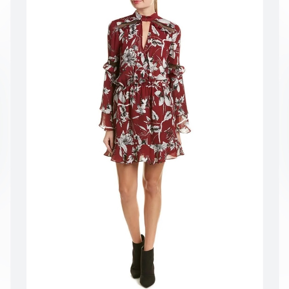 Parker Red Floral Rooted Dress Bell Sleeves High Neck Bow Ruffle Size XS Evening